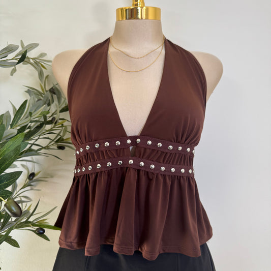Venechia Halter Top with Studs -Brown