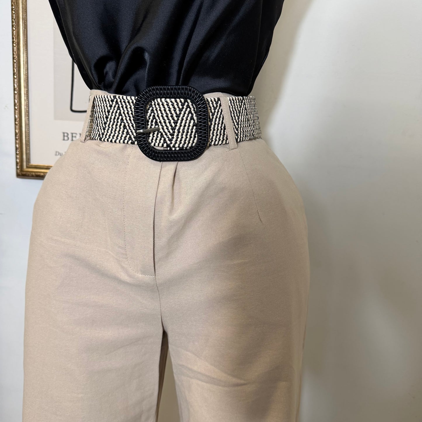 Linen Tribal Pattern Belt Wide Leg Pants-Khaki