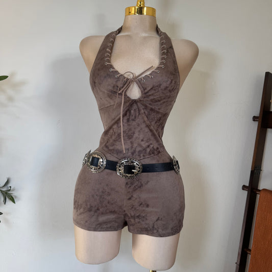 Halter Suede Mini Romper-Mocha