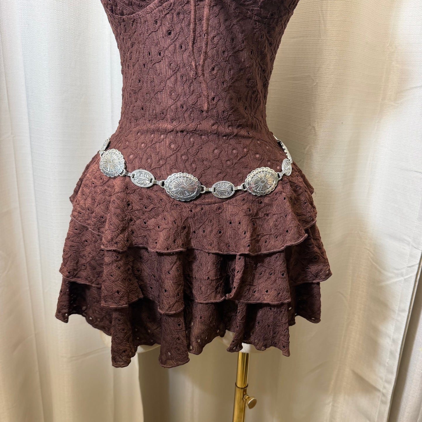 Eyelet halter neck Tiered Ruffle Mini Dress-Brown