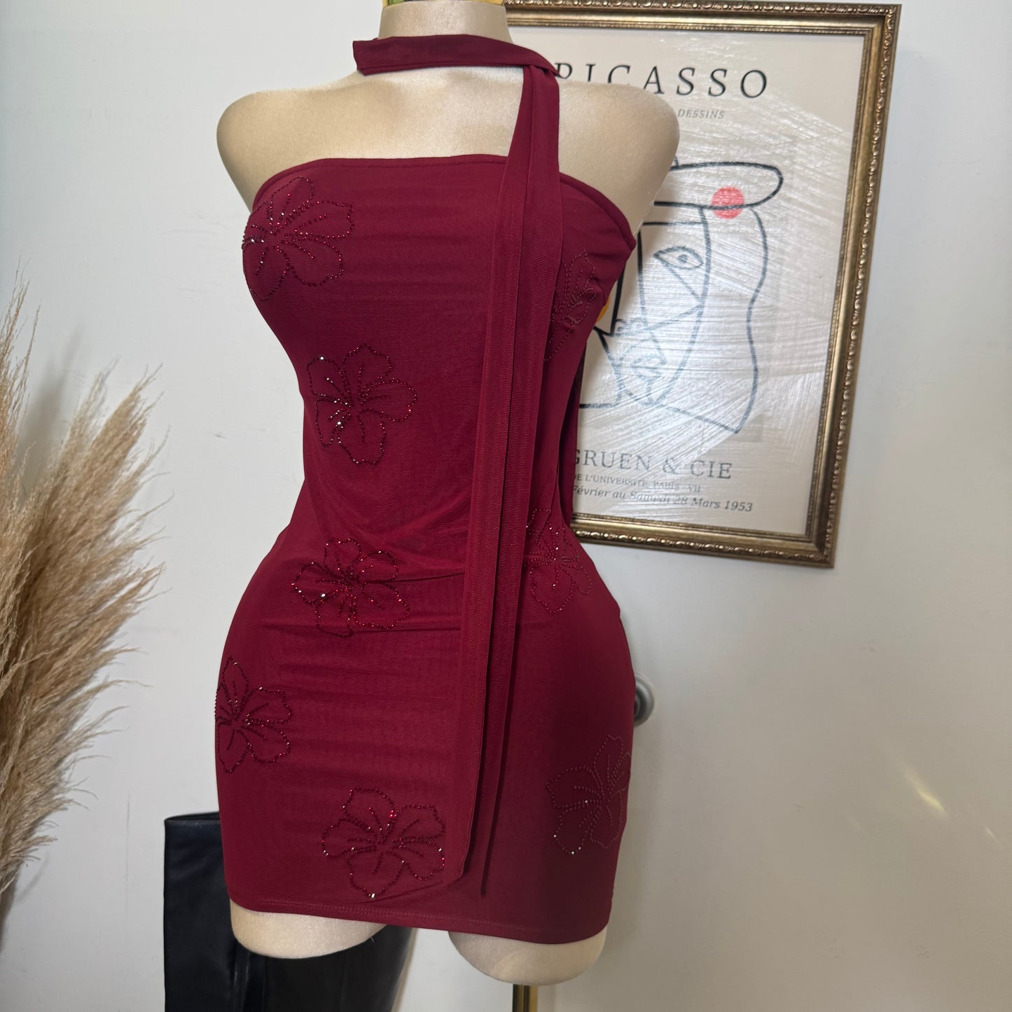 Tube Mini Dress With Scarf-Burgundy