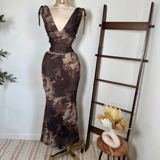 Two Piece Ruched Top Mermaid Maxi Skirt Set-Brown