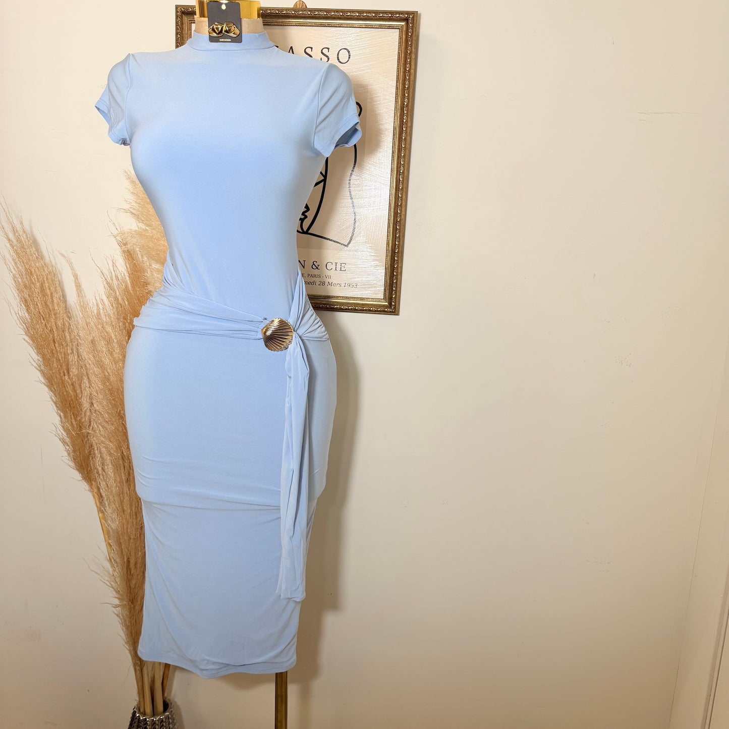 Shelf Gold Trim with Sash Detail Midi Dress-Blue