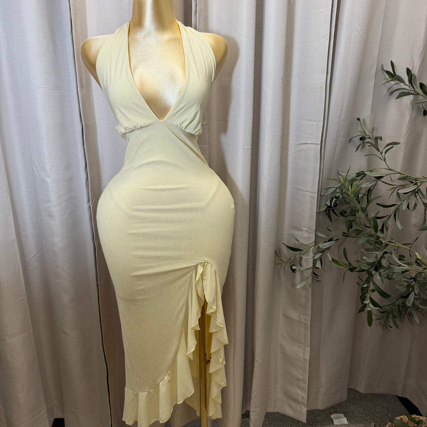 Glitter Halter Ruffle Slit Maxi Dress-Yellow