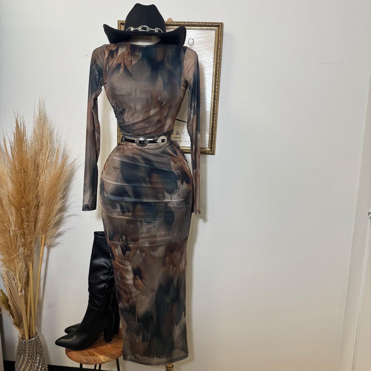 Multi Colored Mesh Maxi Dress-Brown Combo
