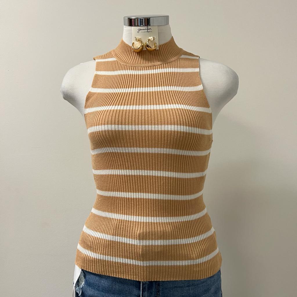 Tania Sleeveless Turtle Neck Sweater Knit Top -Beige /White