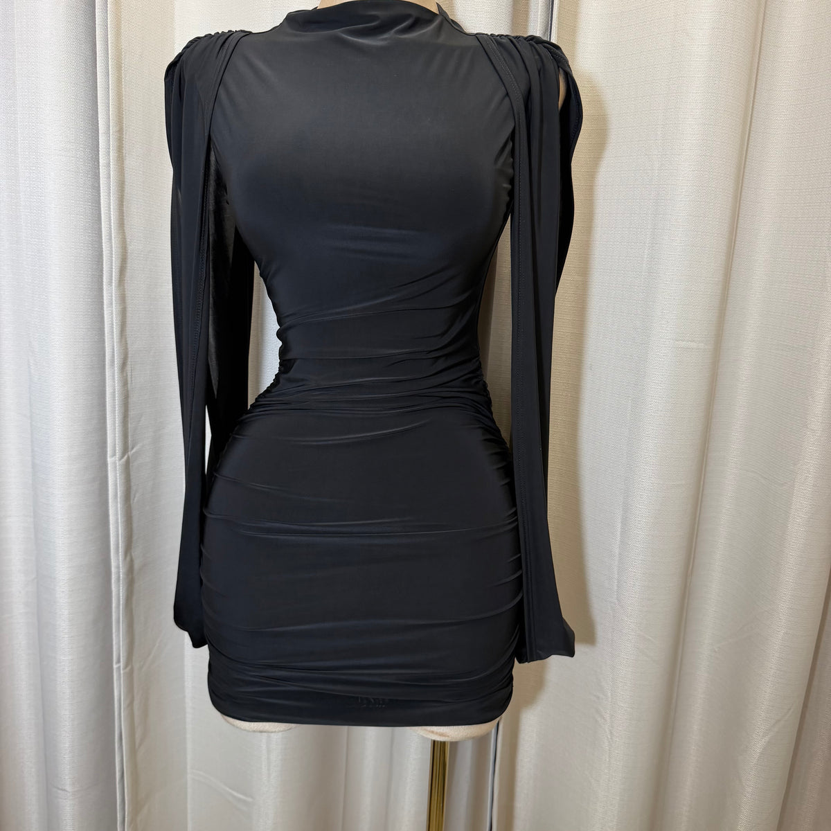 Sleeveless Shoulder Drape Mini Dress-Black