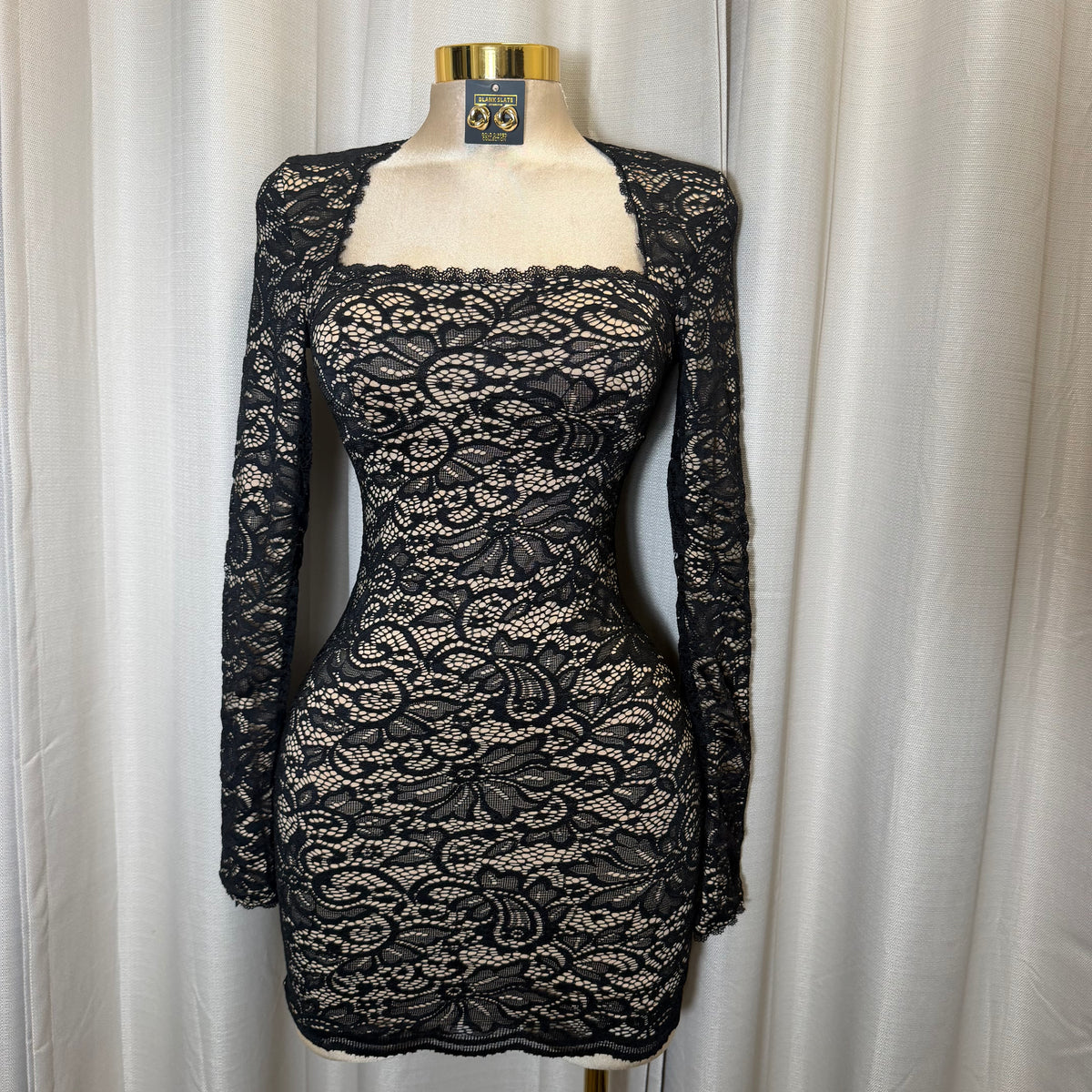Square Neck Long Sleeve Lace Mini Dress-Black/Nude