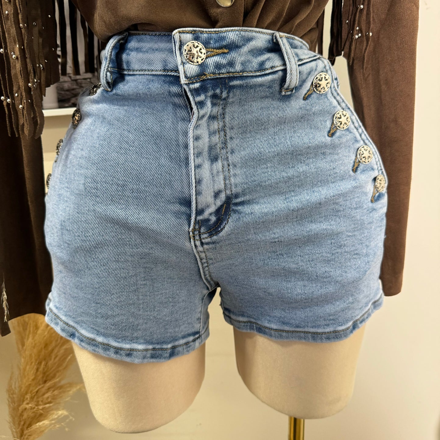 High Waisted Button Shorts-LT blue
