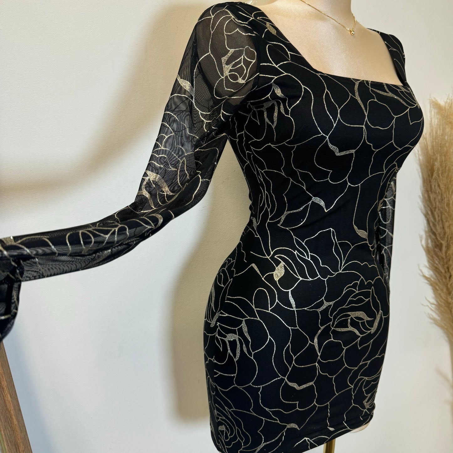 Zuleyna Metallic Foiled Mesh Dress-Black