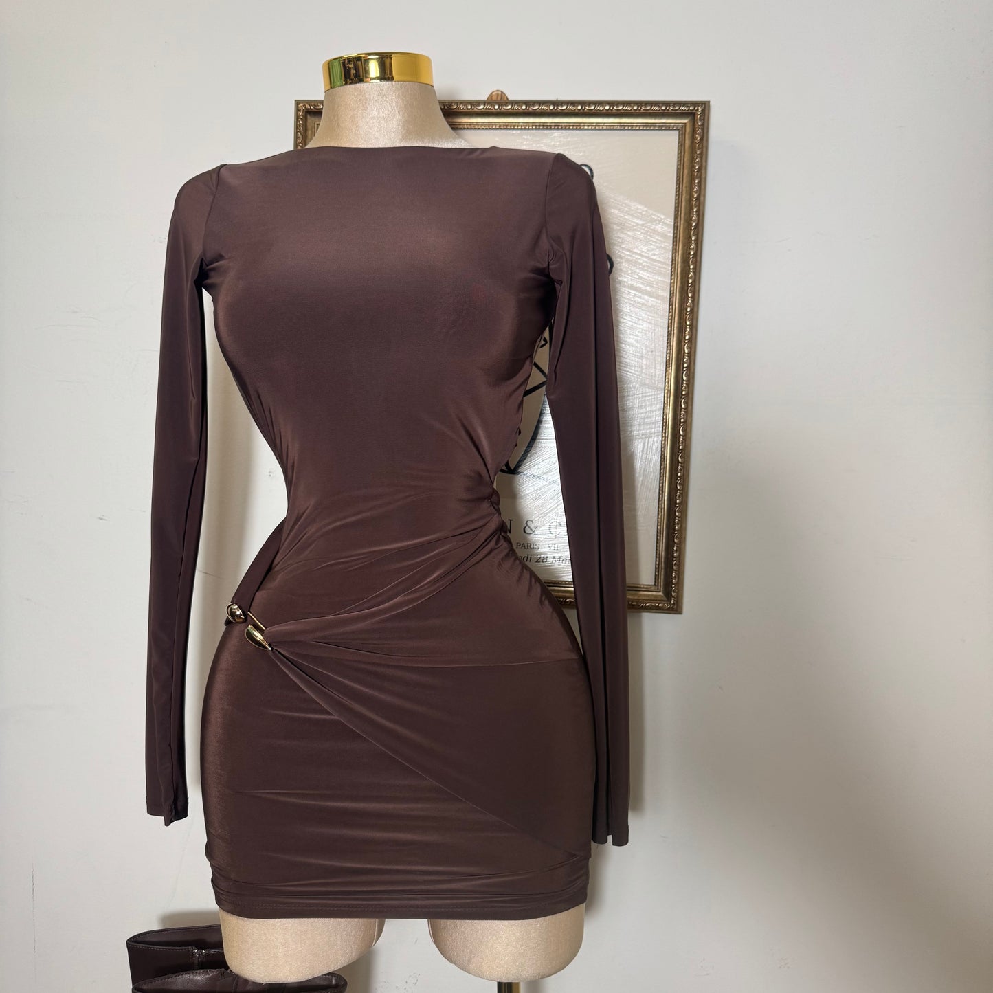Long Sleeve Drape Trim Detail Mini Dress-Brown