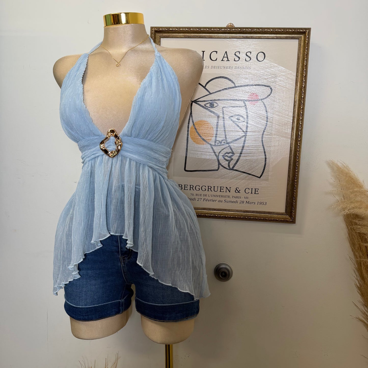 Textured Open back Top With Trim-Blue