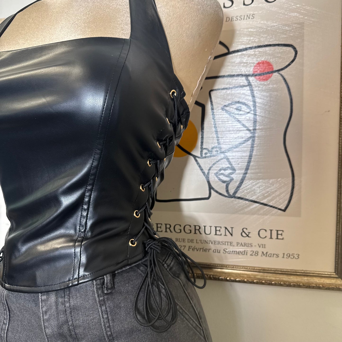 Eyelet Side Detail Halter Neck Corset Top-Black