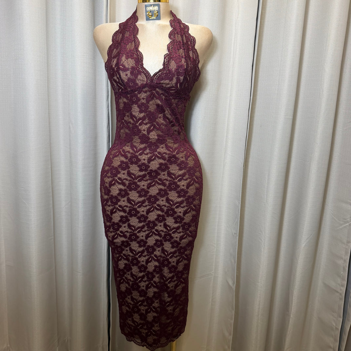 Floral Lace Halter Neck Backless Midi Dress-Eggplant/Plum/Burgundy