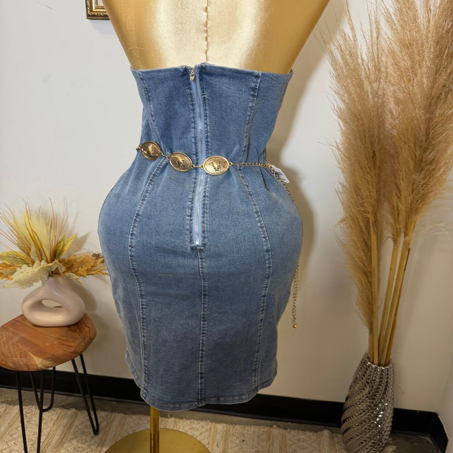 Denim Strapless Denim Dress PL-Blue