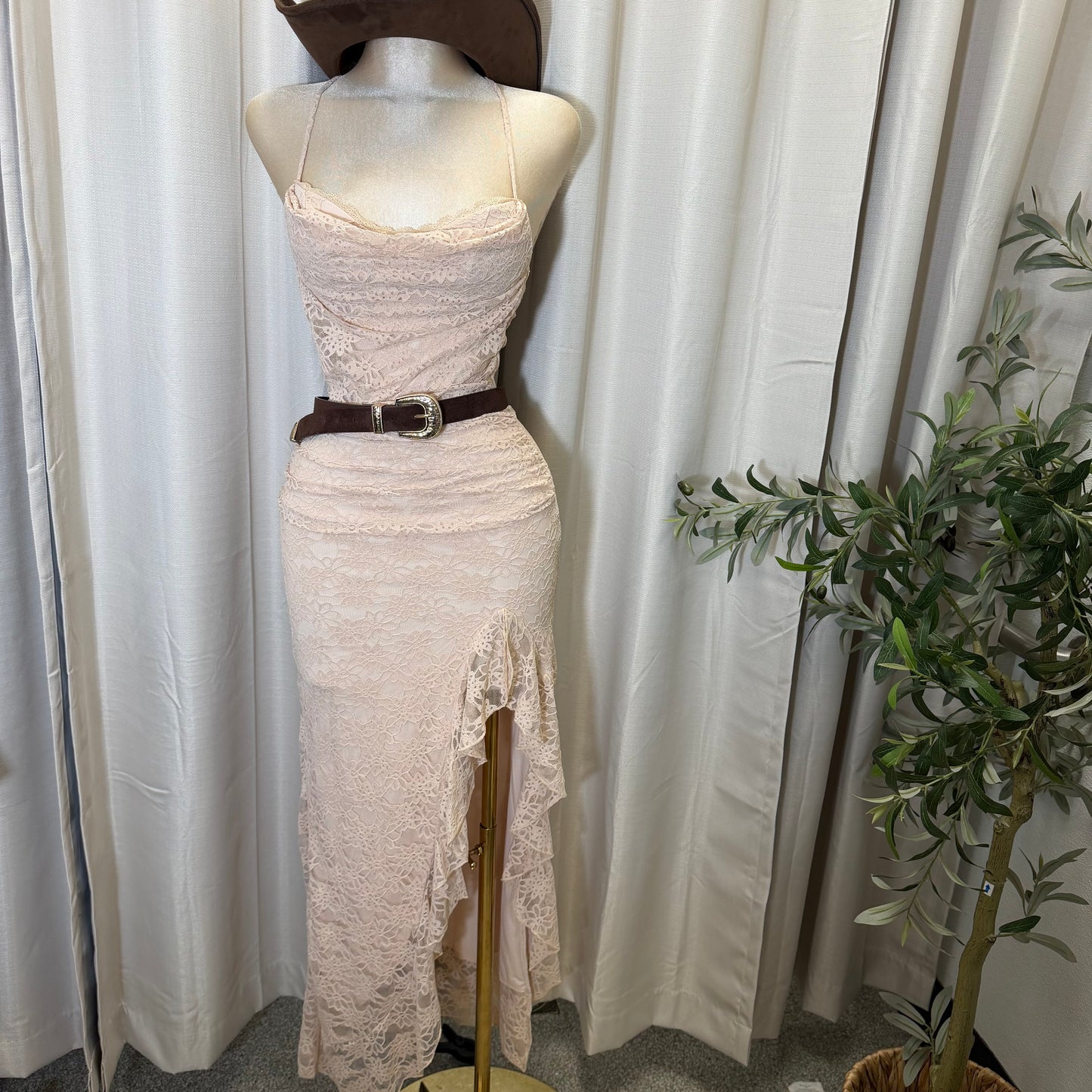 Mismaloya Lace Maxi Dress with Open Back & Tie Detail-Mocha