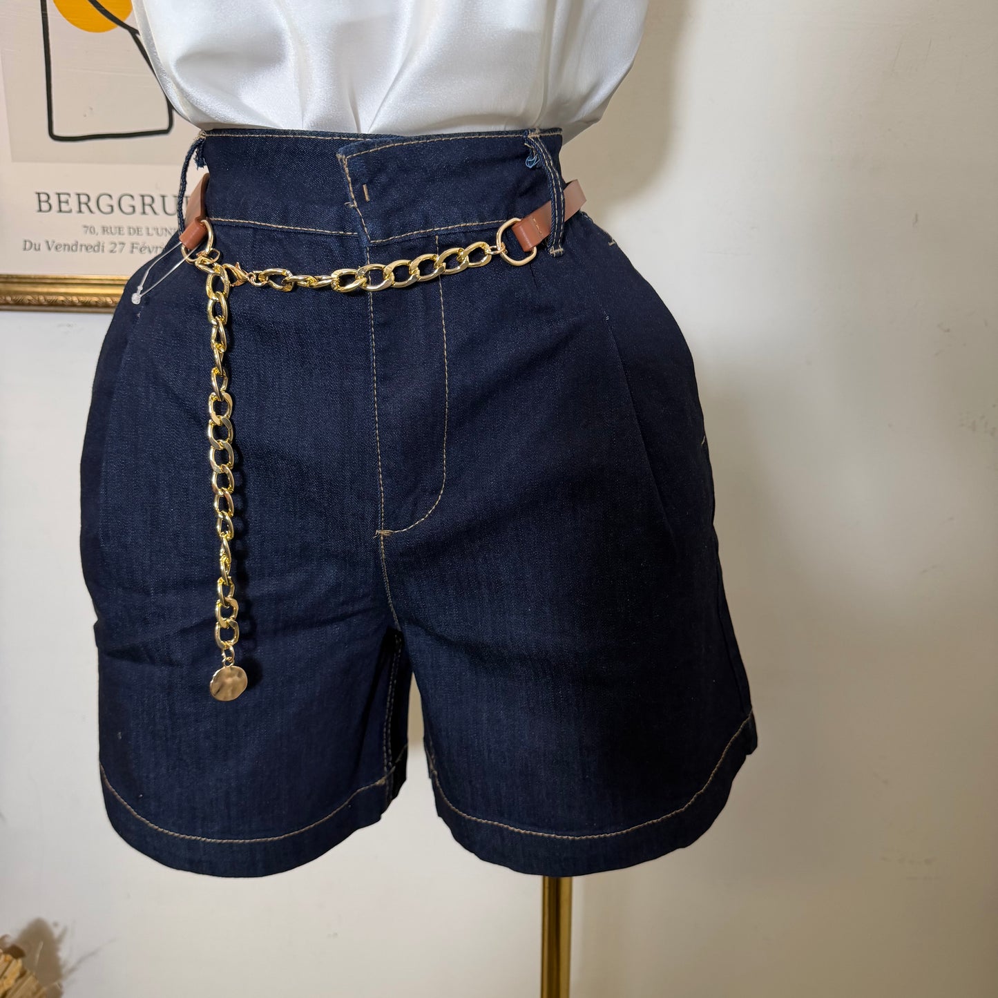 High Waisted Belt Mom Shorts-Indigo