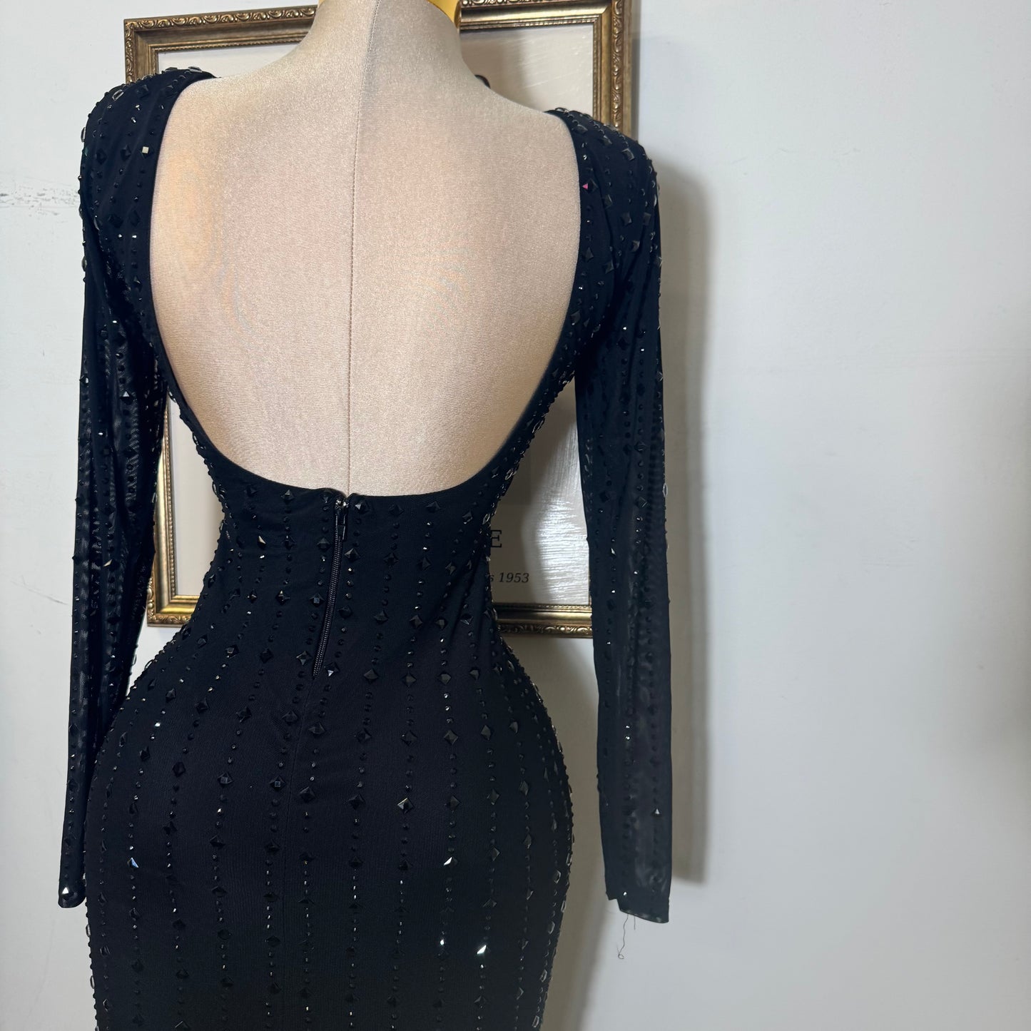 Square Rhinestone On Mesh Midi Dress-Black
