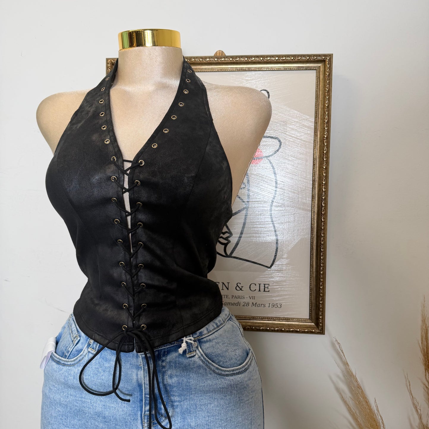 Tie Front Suede Crop Top-Black
