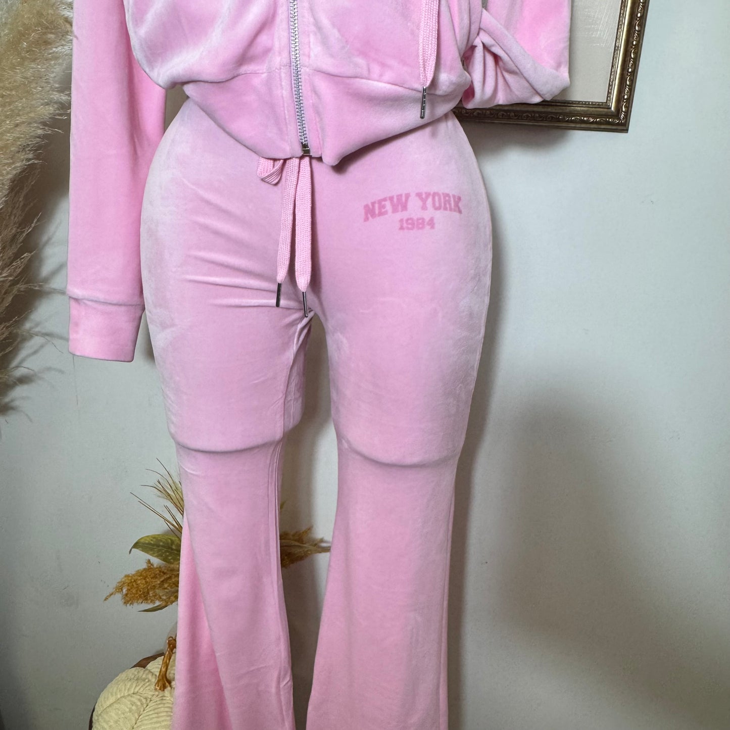 Print Hoodie Jacket and Pants Velour Set-Pink