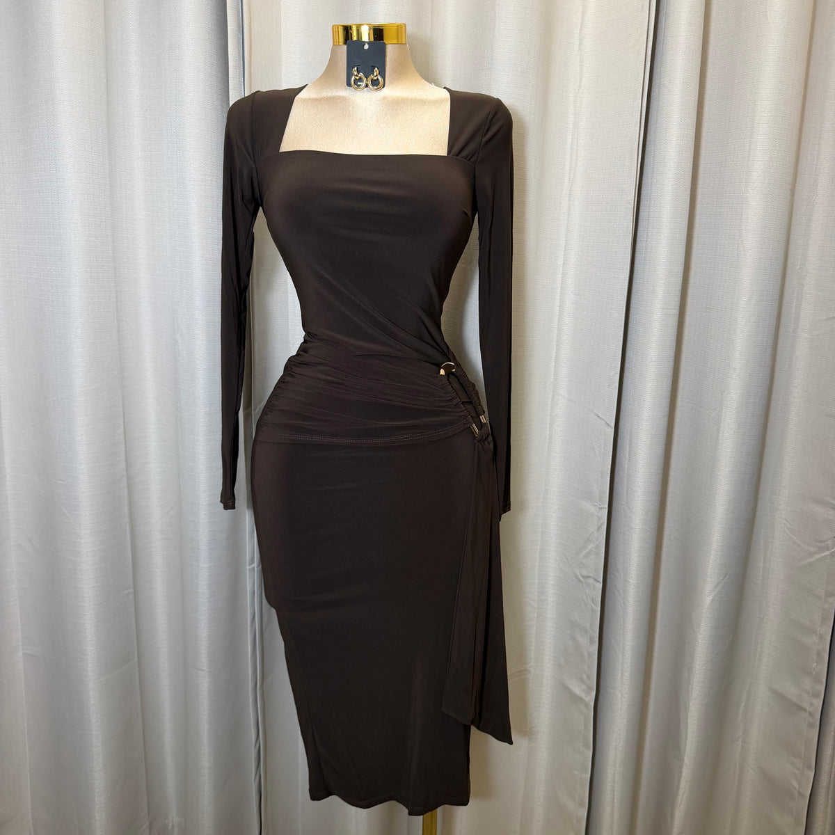 Square Neck Gold Trim Midi Dress-Brown