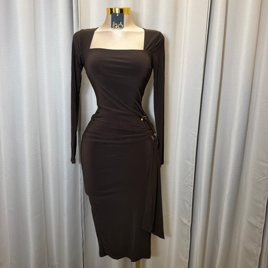 Square Neck Gold Trim Midi Dress-Brown