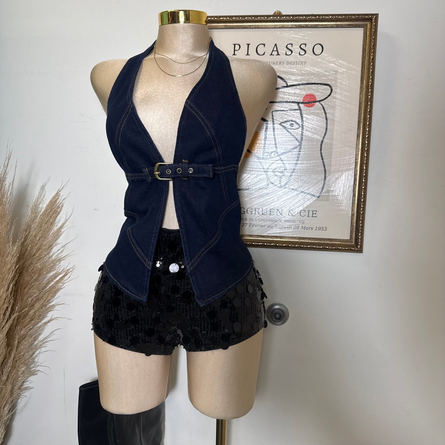 Halter Bust Belt Detail Denim Top-Denim