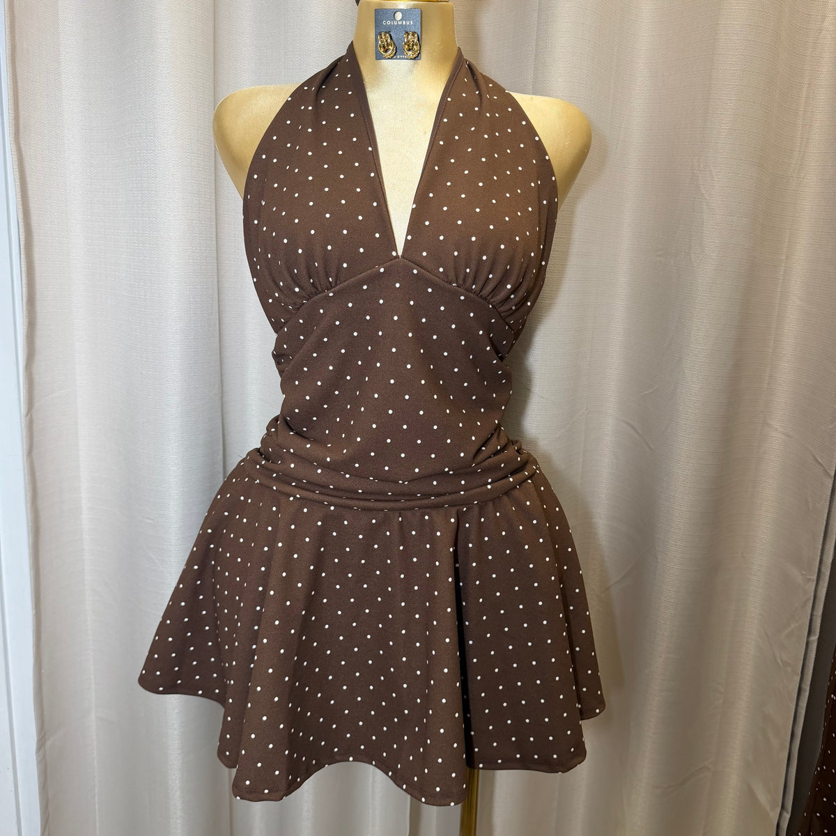 PL-Halter Polka Dot Dress-Brown/White