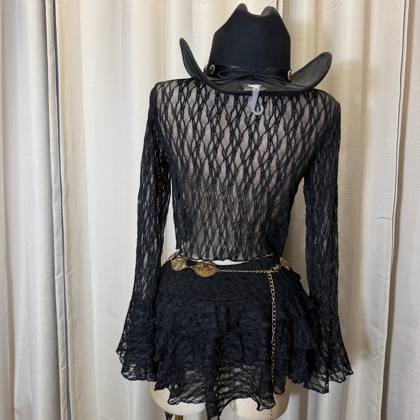 Long Sleeve Lace Skirt set-Black