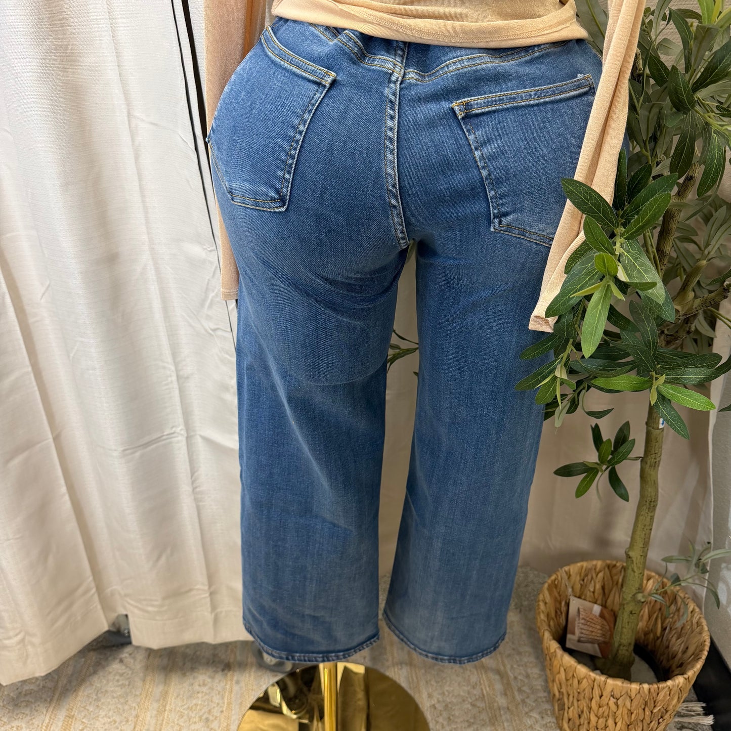 Wide Leg Denim Pants-Dk Blue