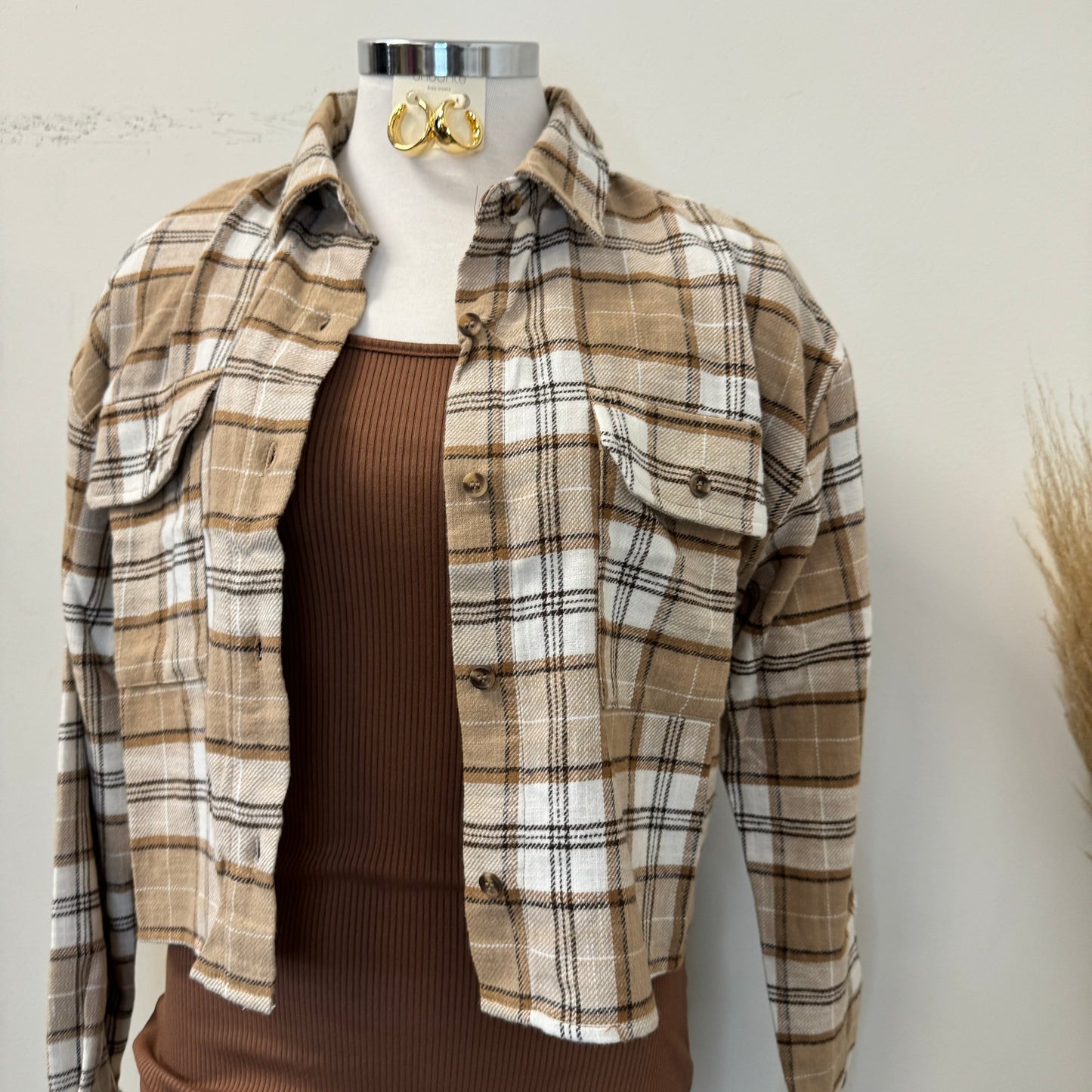 Bonita Crop Plaid Shirt -Brown