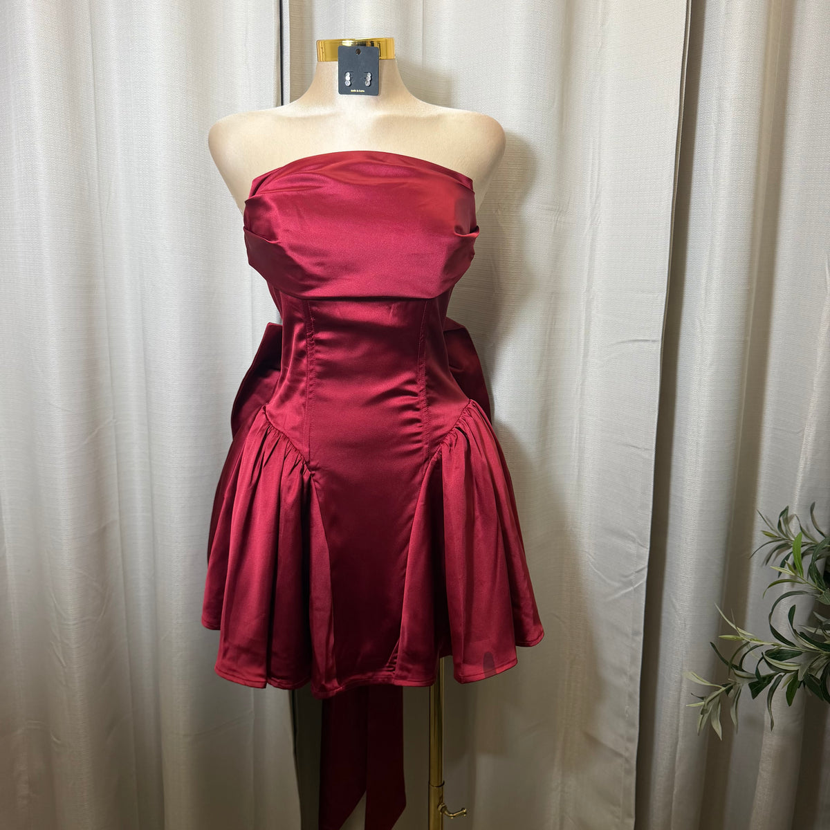 Satin Strapless Corset Lace up Bow Mini Dress-Burgundy
