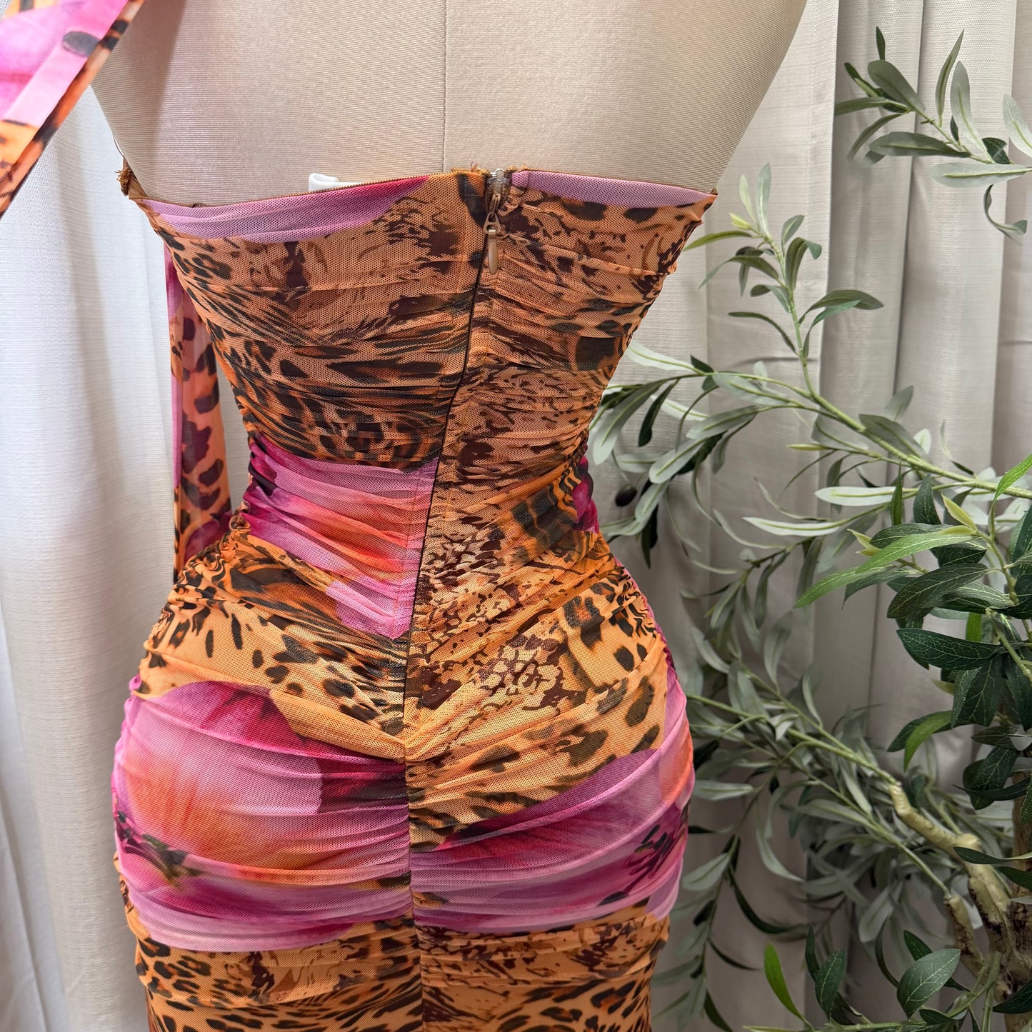 PRINT RUCHED MIDI DRESS-Brown Pink