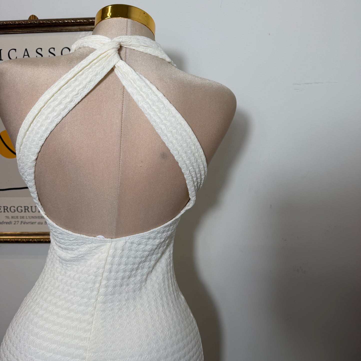 Textured Back Cross Mini Dress-Ivory