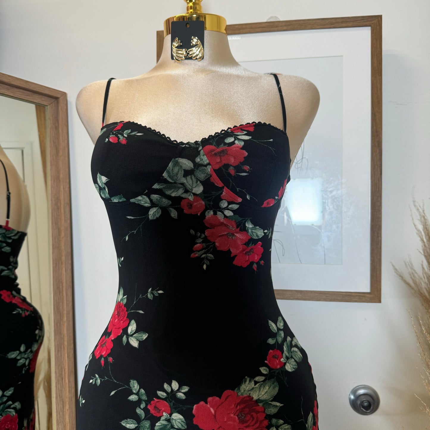 Rose Mesh Spaghetti Dress-Black/Red