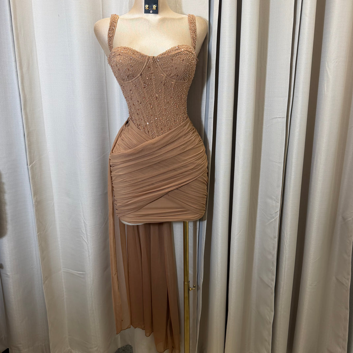 Mesh with beads Sequin Sweetheart neckline Corset dress-Mocha/Beige