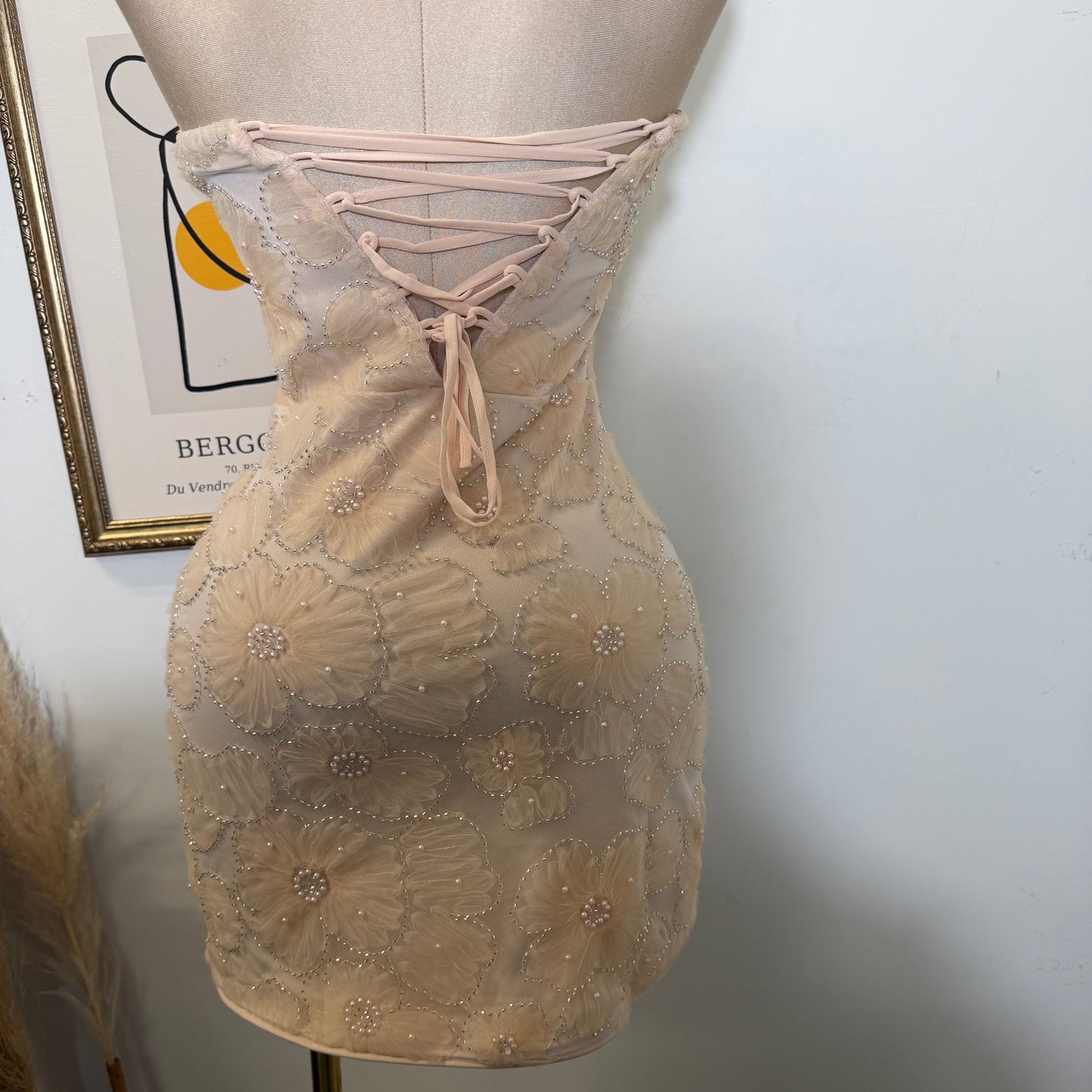Flower Textured Mesh Tube Mini Dress-Blush