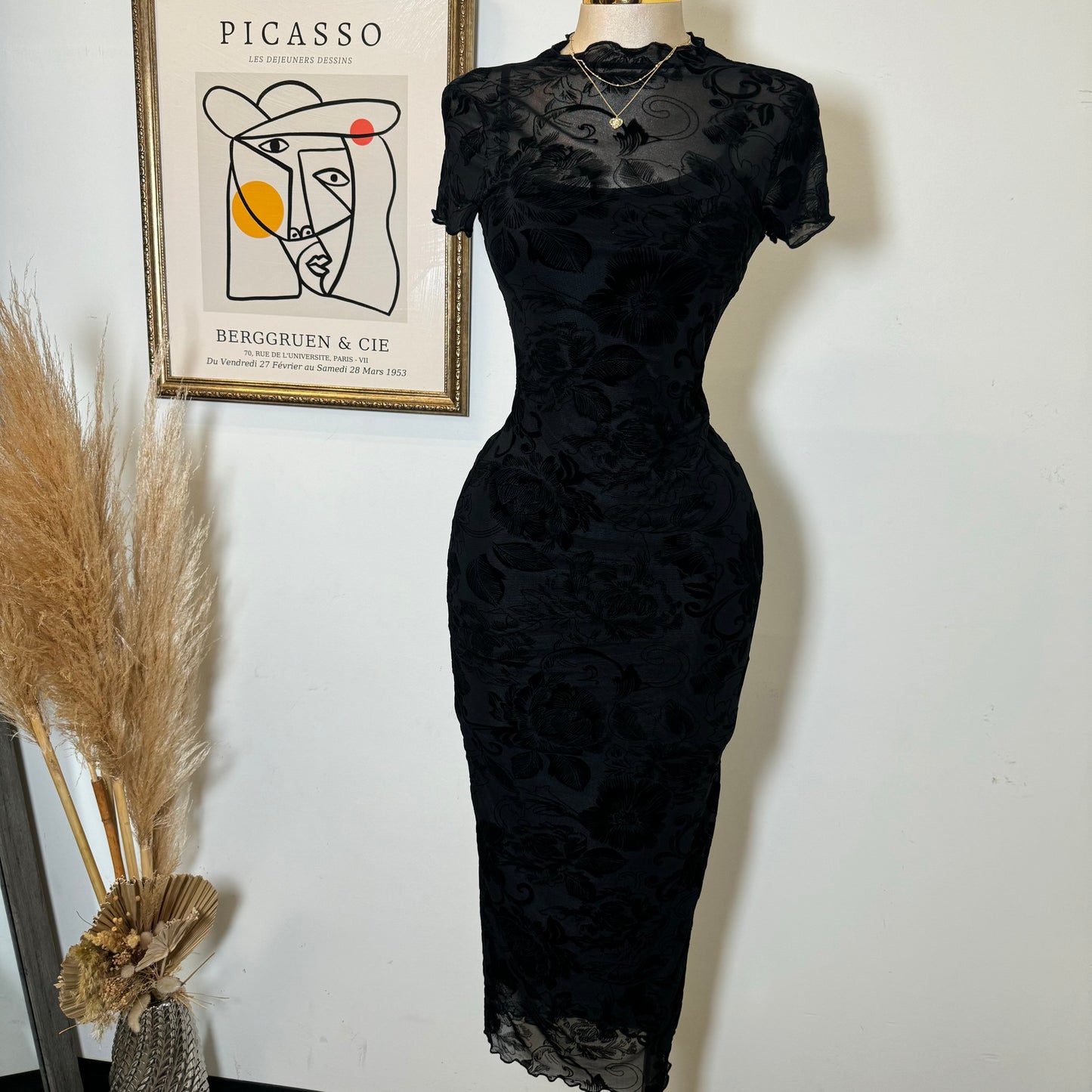 Luxi Mesh Flower Print Dress-Black1