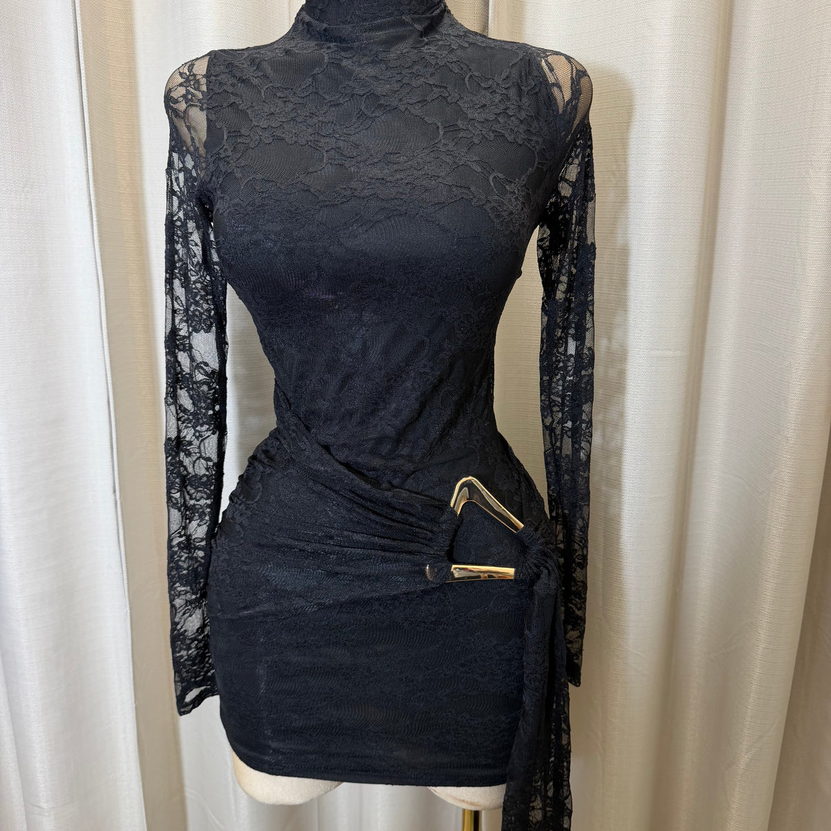 Long Sleeve lace front  Sash With Trim Detail Mini Dress-Black