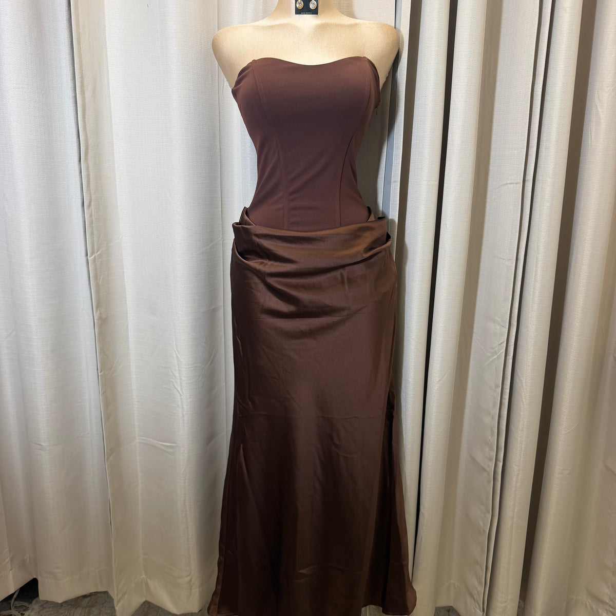 Satin Strapless Sweetheart Neckline Cowl Hip lace Maxi Dress-Brown
