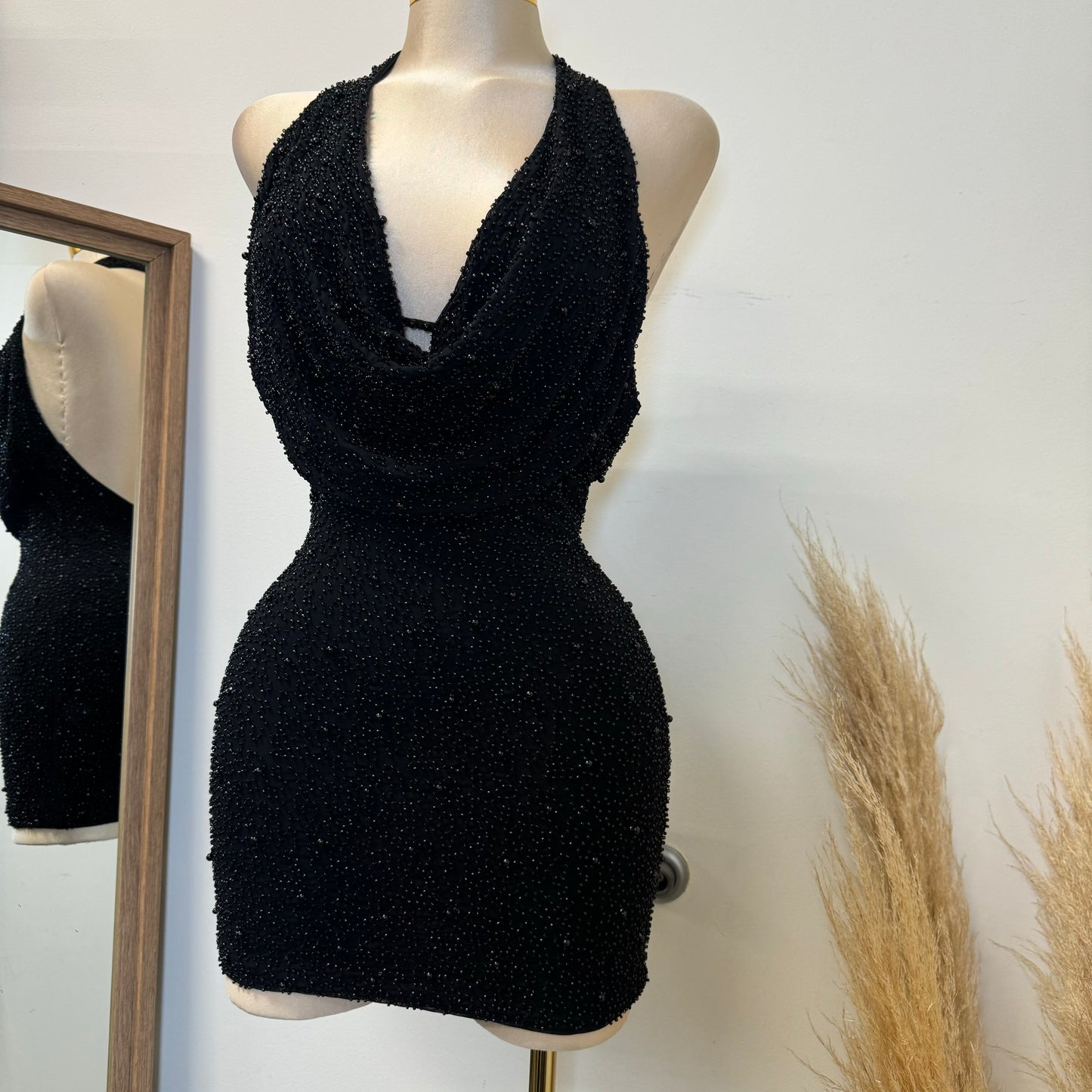 Cowl beaded Halter Dress-Black