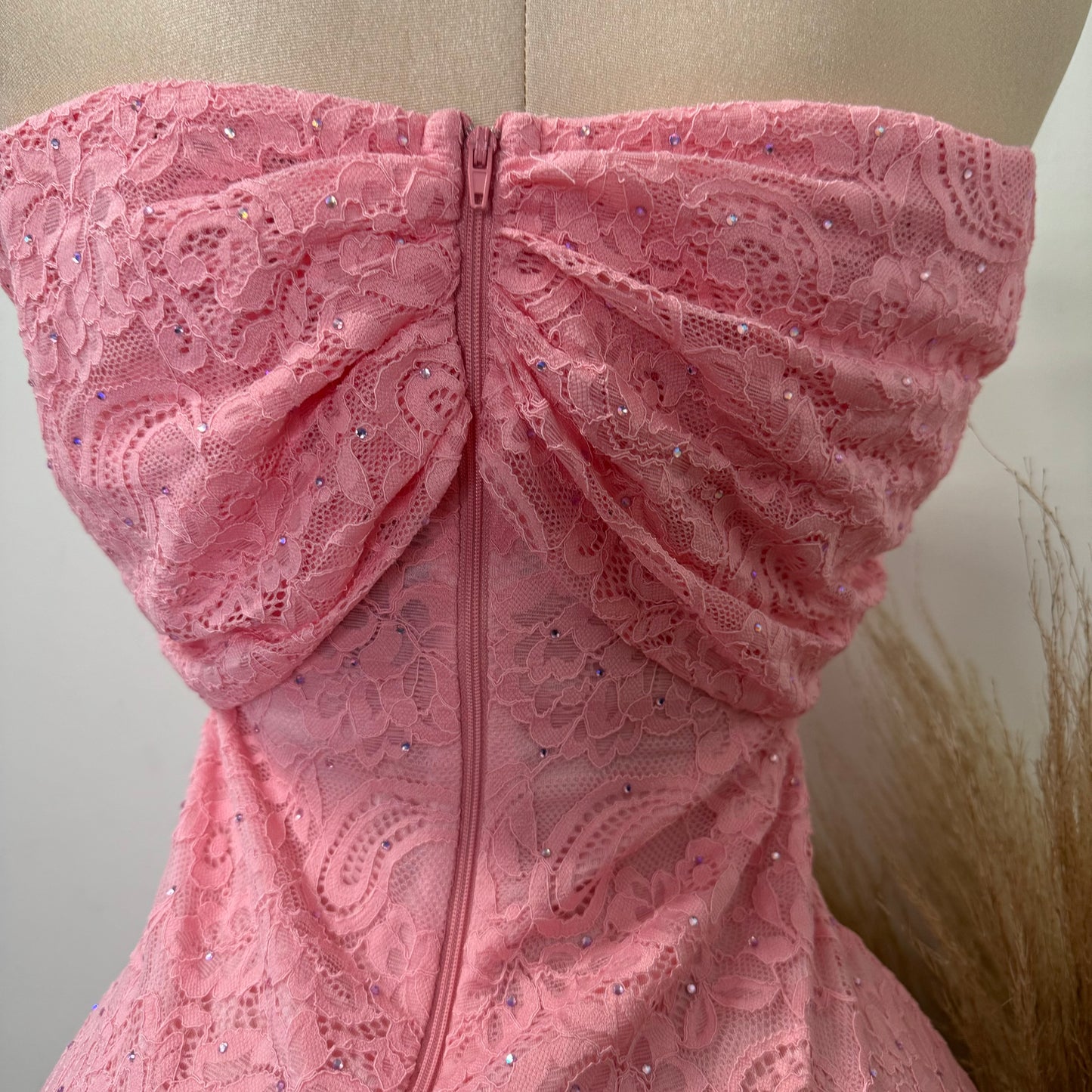 Bow Lace Rhinestone Dress-Pink