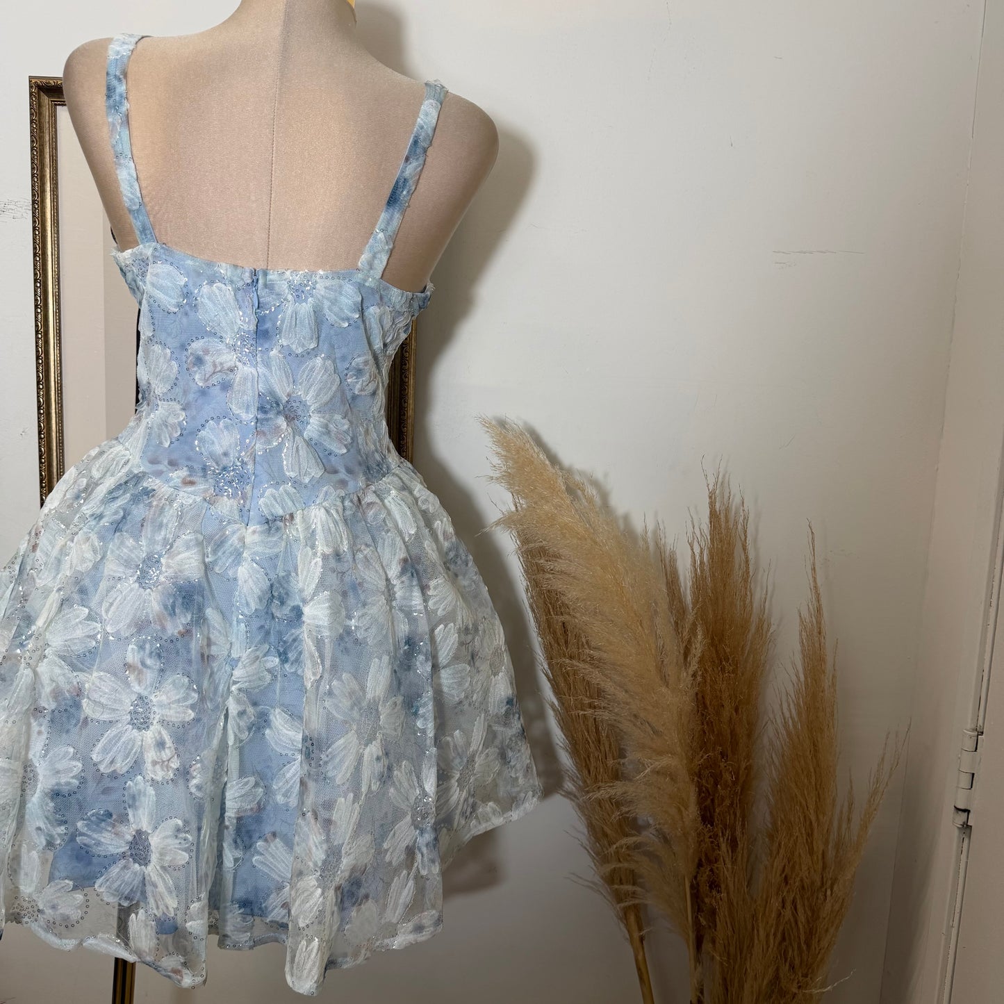 Flower Textured A line Mini Dress-Blue