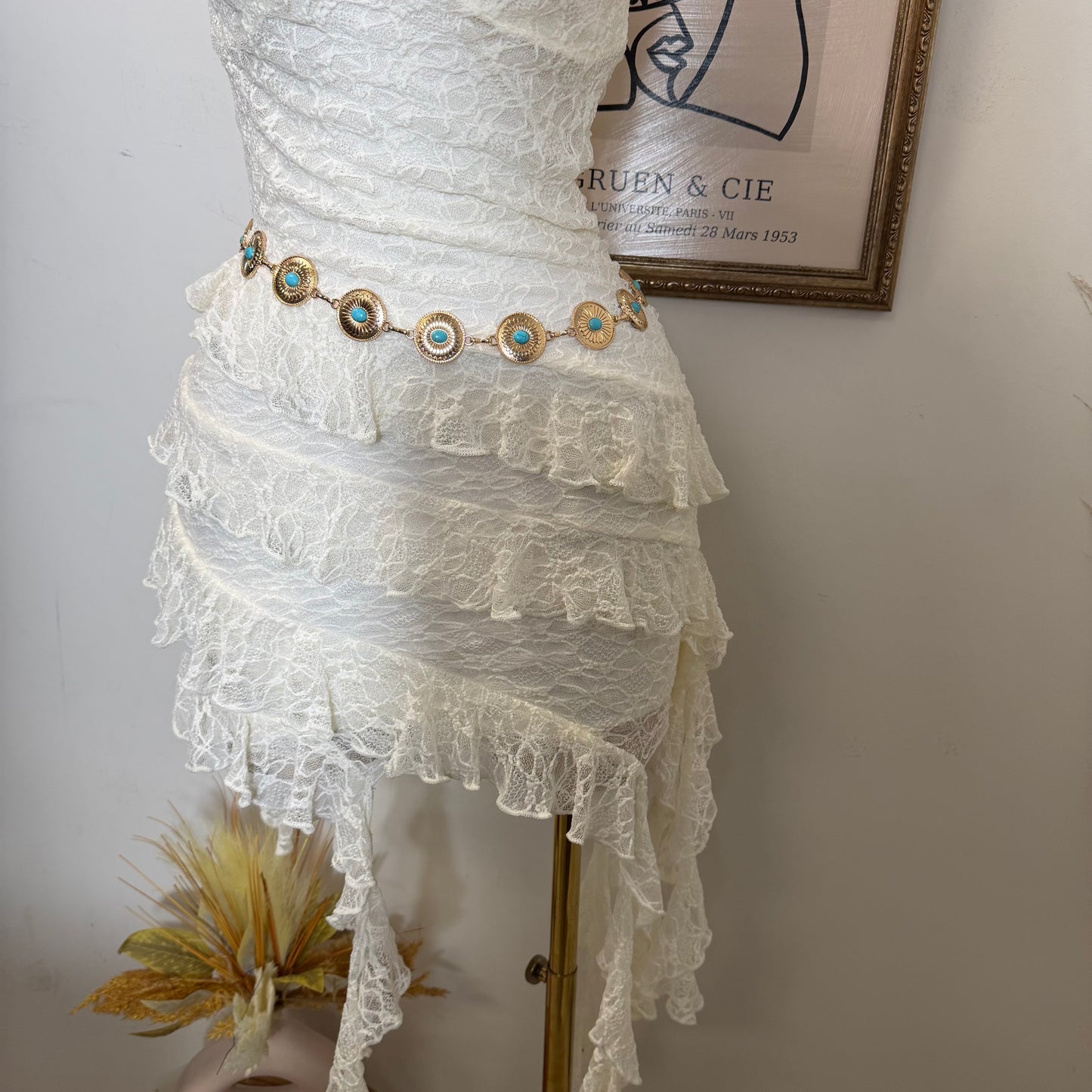 Halter Lace Mini Dress with Layered skirt-Ivory