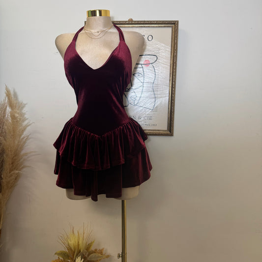 Velvet Halter Double Layer Fit and Flare Dress-Burgundy