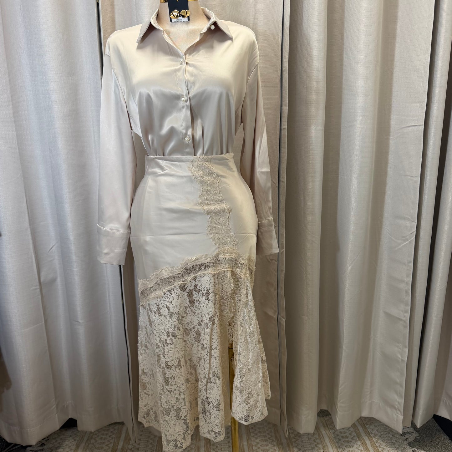 Satin Long Sleeve Top with Lace Skirt-Beige/Cream/White