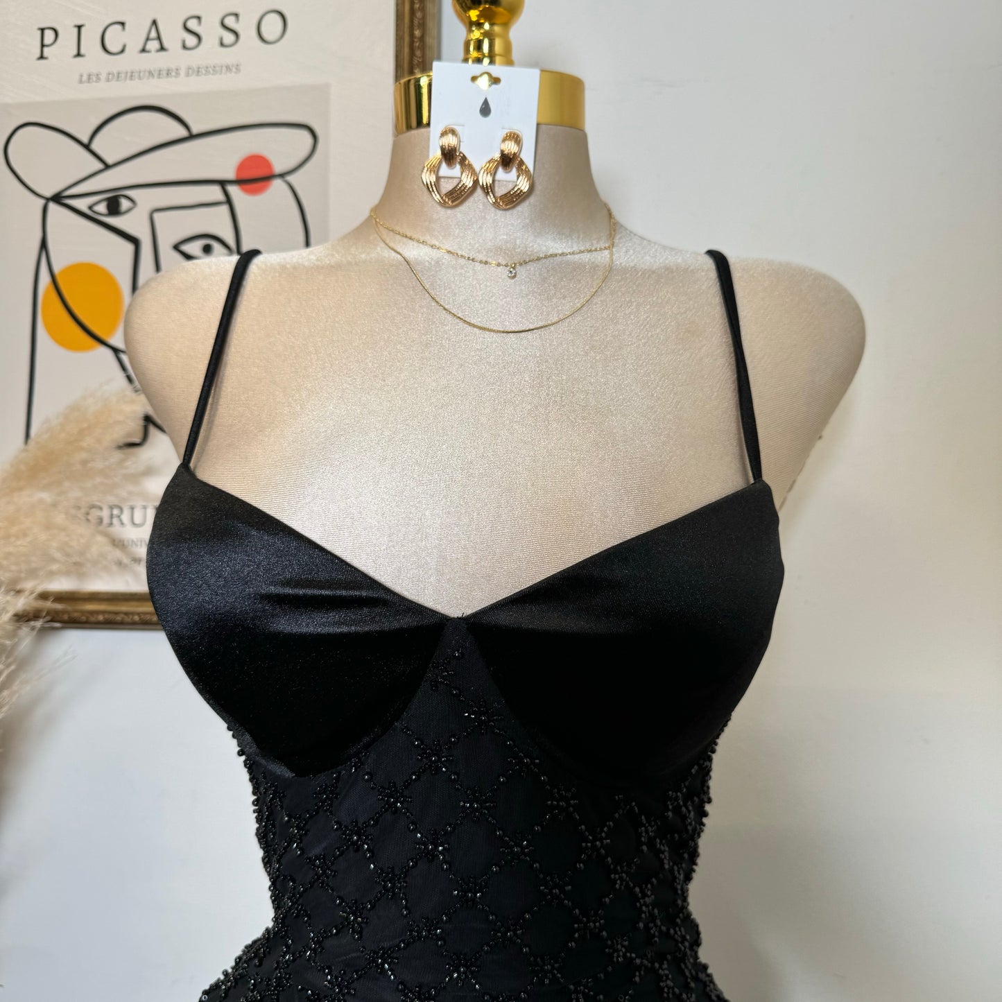 Diamond Pattern bead Dress-Black