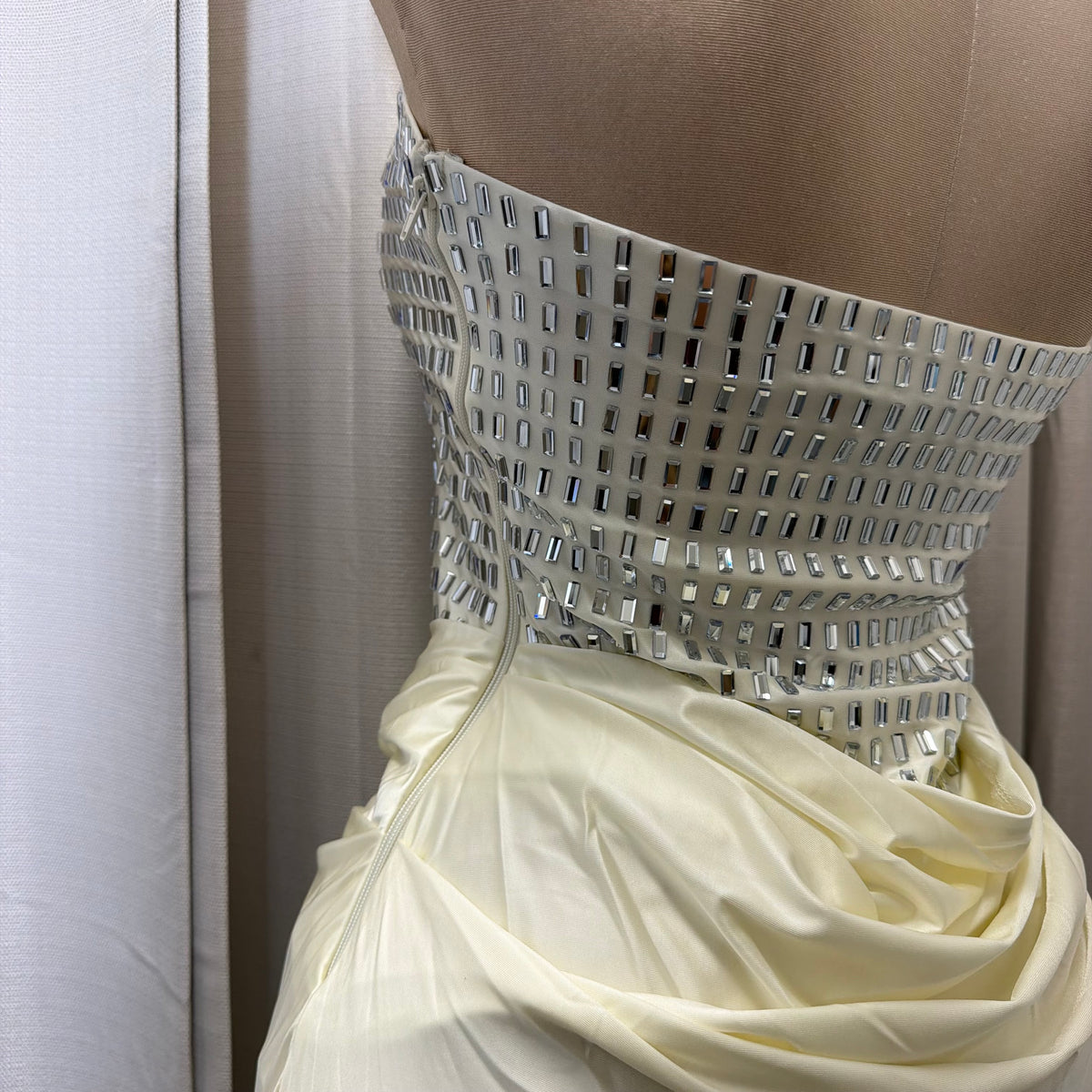 Rectangle Rhinestone satin mermaid maxi Dress-Ivory
