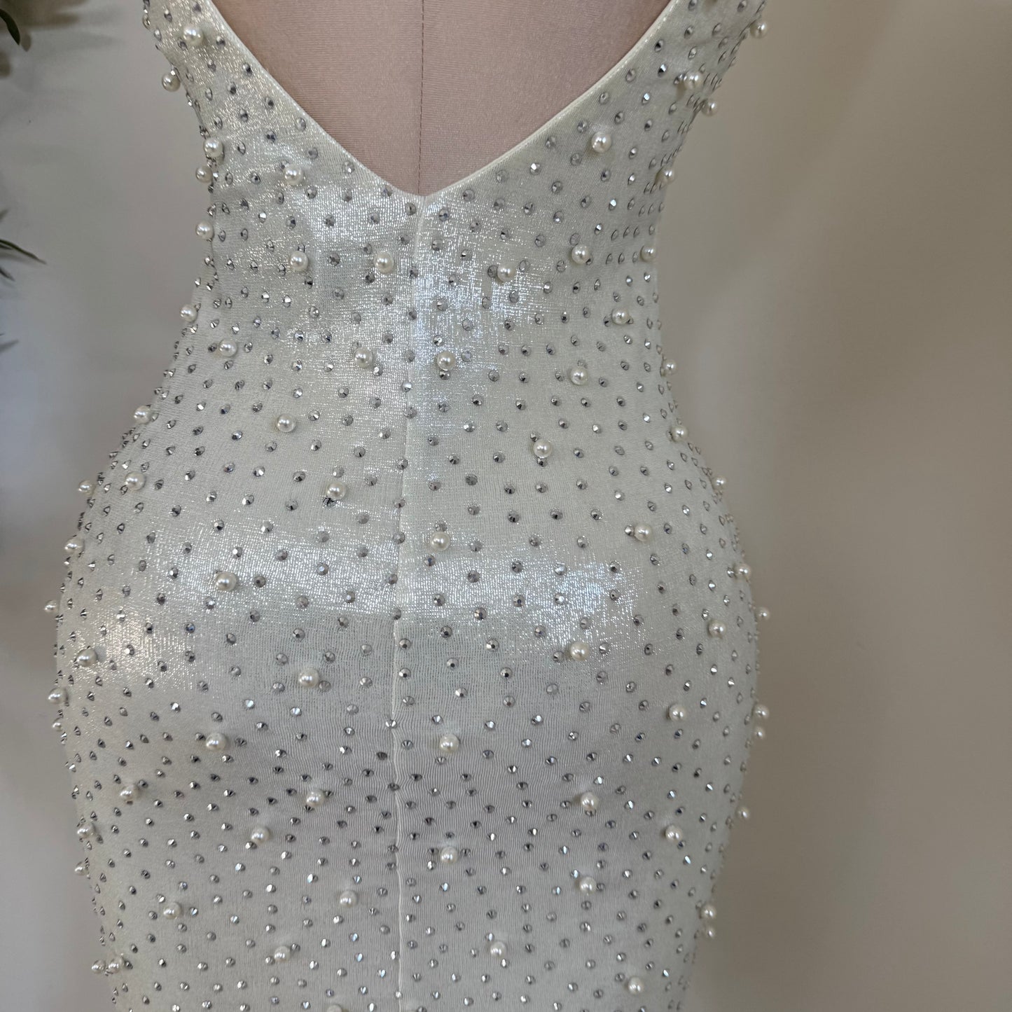 Rhinestone and Pearl beaded Midi Dress-White