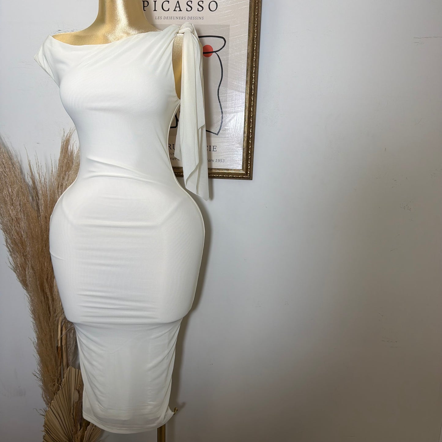One shoulder Tie Midi Dress-Cream